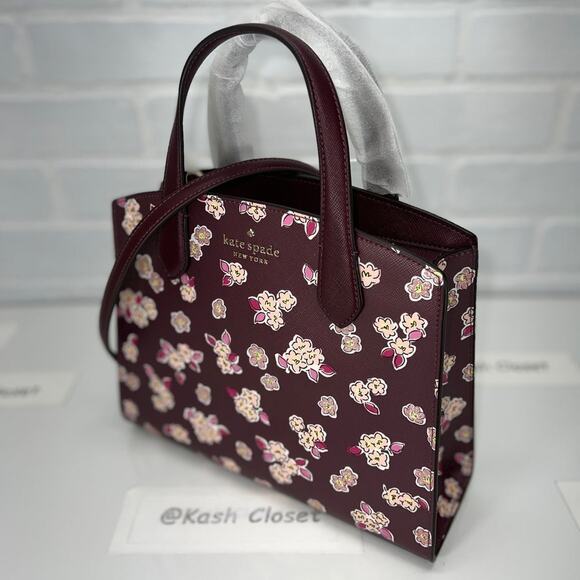 Kate Spade Satchel Tinsel Frosted floral Bag Purse Deep Berry Multi - Picture 3 of 10